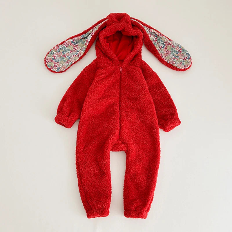 Plush Rabbit Baby Romper with Hood